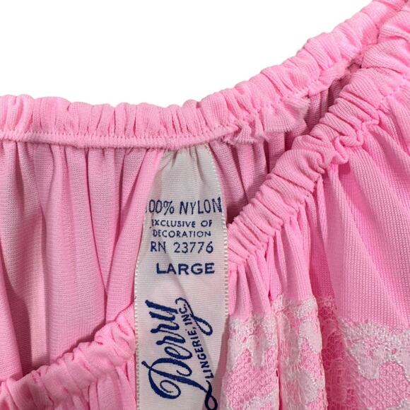 Vintage Perry Lingerie Nightgown Large Pink Silky Nylon Lace Trim Ruffle Long - Picture 7 of 7